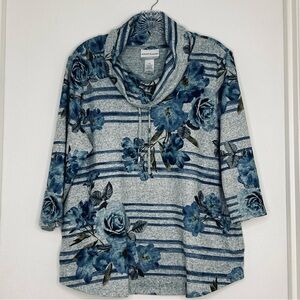 Alfred Dunner Petite PL Blue Floral Stripe Cowl Neck Tunic Snap Side Sweater Top